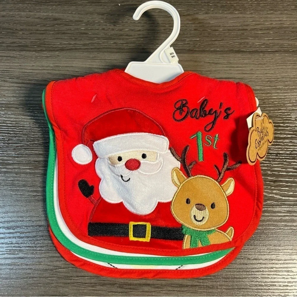 Baby Essentials 3 Pack Christmas Bibs Santa Reindeer Polar Bear Babys 1st Red